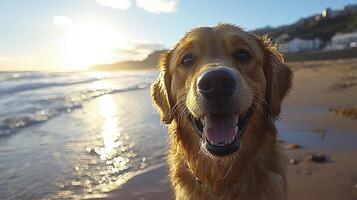 Joyful Canine on Sandy Beach at Sunset photo