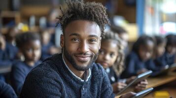 Educator Interacting With Students In Modern Classroom photo