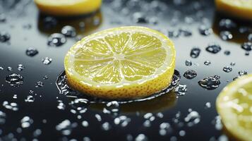 Yellow Citrus Slices on Dark Reflective Surface with Water Droplets photo