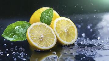 Close up of Sliced Citrus Fruit with Leaves and Water Droplets photo