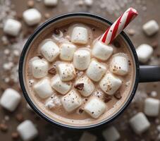 Hot Chocolate with Mini Marshmallows and Candy Cane photo