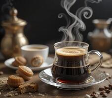 Steaming Dark Coffee With Pastries On Wooden Table photo