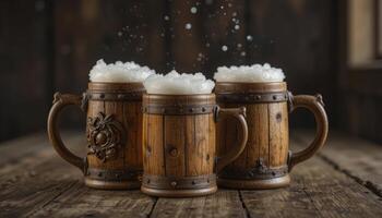 Three Frothy Beverages in Rustic Wooden Mugs on Dark Wooden Table photo