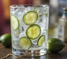 Close Up Of Refreshing Cucumber Water With Ice In Glass photo