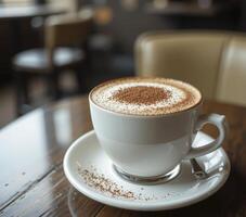 Close up of Coffee Drink with Cocoa Powder on Dark Wooden Table in photo