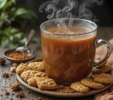 Steaming Beverage with Biscuits and Spices on Dark Wood photo