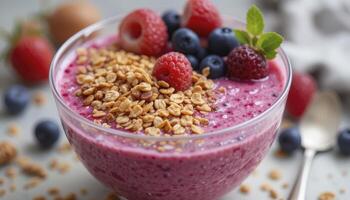 Pink Berry Smoothie Bowl with Granola and Fresh Berries photo