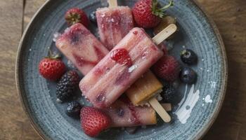 Homemade Fruit Popsicles with Berries on a Rustic Plate photo