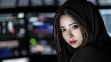 Intense Gaze Of A Young Person In Dark Hood Against Blurred Displays photo