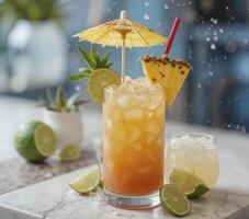 Tropical Cocktail with Pineapple and Lime Garnish photo