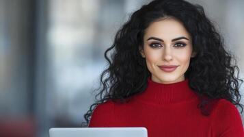 Confident Young Woman In Red Turtleneck Smiling At Camera photo