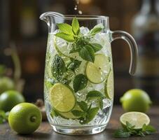 Refreshing Lime Mint Iced Water Pitcher on Wooden Table photo