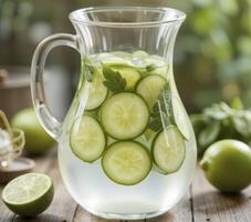 Refreshing Cucumber Lime Mint Infused Water In Glass Pitcher photo