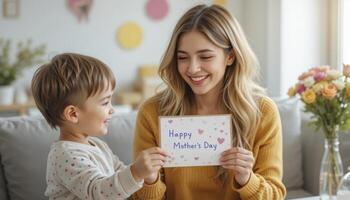 Happy Mother's Day A Child Presents a Handmade Card to a Smiling photo