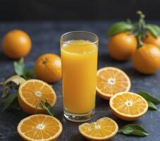 Glass Of Fresh Orange Juice With Whole And Sliced Oranges On Dark photo