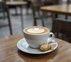 Latte Art Coffee in White Cup with Biscuit on Wooden Table photo