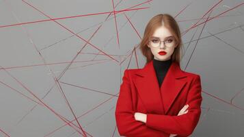 Confident Young Person In Red Jacket Against Abstract Gray Background photo