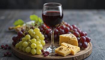 Red Wine Glass with Grapes and Cheese on Wooden Board photo