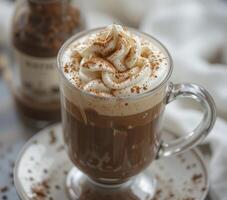 Warm Brown Coffee With Whipped Cream And Cocoa Powder photo