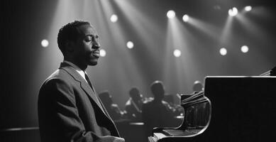 A Person Playing Keyboard on Stage Under Dramatic Spotlights photo