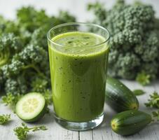 Green Smoothie with Cucumber and Kale on White Background photo
