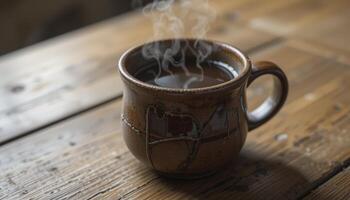 Steaming Coffee in Rustic Brown Mug on Wooden Table photo