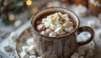 Warm Hot Chocolate with toping and Whipped Cream Festive Winter photo