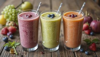 3 Colorful Fruit Smoothies on Wooden Table and varieties fruits photo