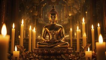 Religious Figure Statue Amidst Burning Candles In Temple photo