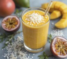 Refreshing Tropical Smoothie with Coconut Garnish photo