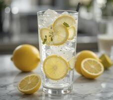 Refreshing Lemon Water with Ice and Mint in a Glass photo