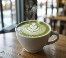 Steaming Matcha Latte Art on table photo