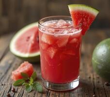 Red Fruit Drink with Ice and Mint on Rustic Wood photo