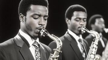 Two Men in Suits Playing Saxophones in Black and White photo