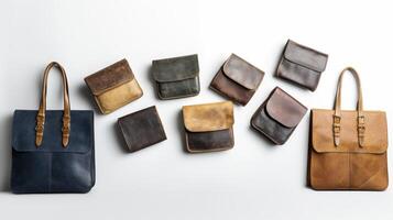 Leather Bags And Wallets Collection Navy And Brown Tones On White photo