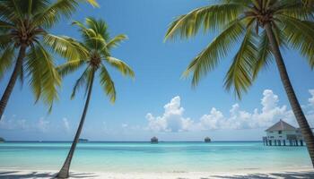 Tranquil Tropical Beach Scene Turquoise Water, Palm Trees, And White photo