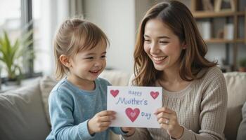 Happy Mother and Child Sharing a Handmade Mother's Day Card photo