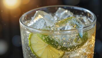Close Up Of Iced Lime Beverage With Golden Light And Bokeh photo