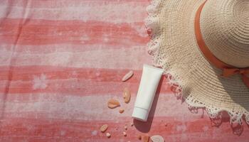 Sunscreen Bottle, Straw Hat, and Seashells on Coral Striped Beach photo