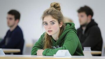 Attentive Young Person in Green Hoodie in Classroom Setting photo