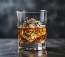Amber Spirit in Rocks Glass with Ice on Dark Background photo