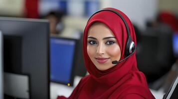 Smiling Person in Red Headscarf Wearing Headset in Office photo
