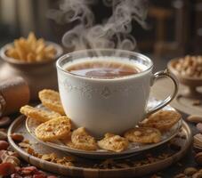 Steaming Beverage with Crispy Crackers and Assorted Nuts photo