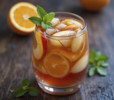 Iced Tea with Citrus and Apple Slices and Mint photo