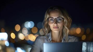 Focused Person Working on Laptop at Night with City Lights Bokeh photo
