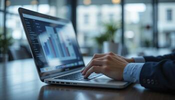 Person Typing on Laptop with Data Graphs in Modern Office photo