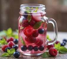 Refreshing Berry Infused Water in Mason Jar with Mint photo