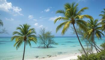 Vibrant Tropical Beach Scene With Turquoise Water And Palm Trees photo