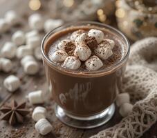 Warm Hot Chocolate with toping on Rustic Wooden Table photo