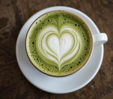 Green Matcha Beverage with Heart Shaped Latte Art on Wooden Table photo